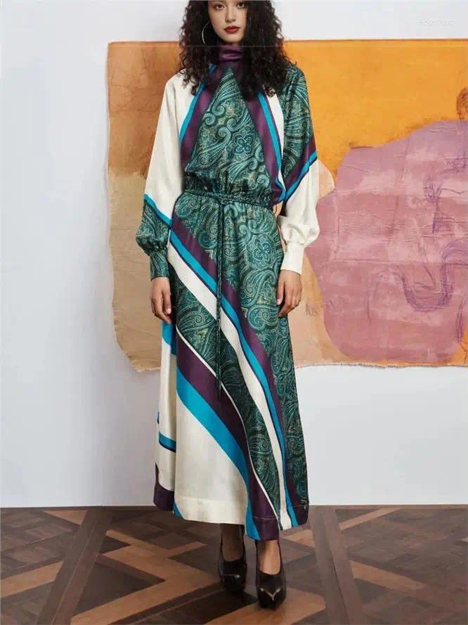 Summer 2026 Women's Slim Fit Silk Satin Print Long Sleeve High Collar Street Style Dress Cleanfit A-Line Skirt Soft Fabric