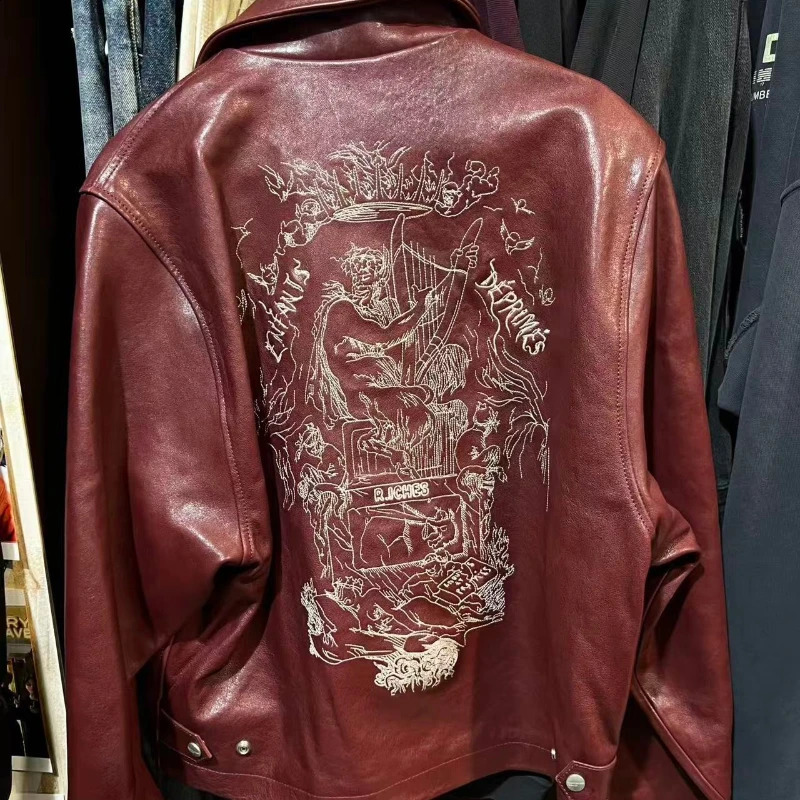 2026ss Embroidered Printed Leather Jacket Highquality Burgundy Loose Casual High Street Mens Womens Jackets 260918
