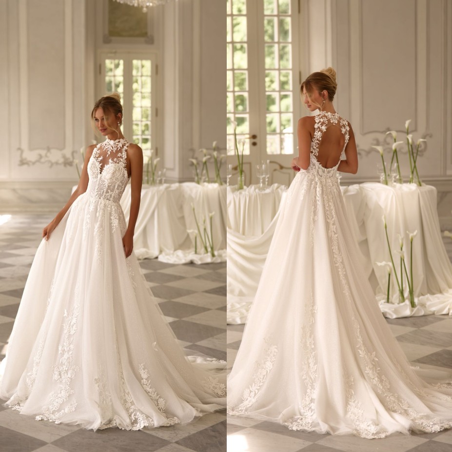 Modern Halter Neck Sleeveless A Line Wedding Dress For Bride Delicate Lace Tulle Romantic Bridal Gown Sweep Train Hole Backless Plus Size Vestidos D