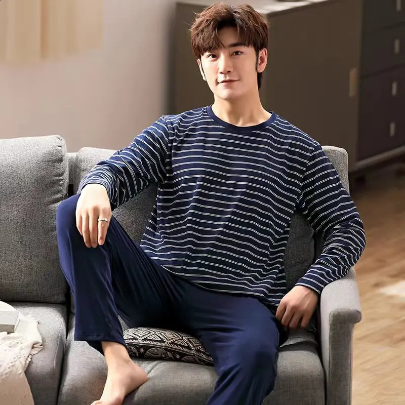 2Pcs/set men's pajamas set of large size long-sleeved long trousers autumn and winter students home clothing round neck autumn m 260917