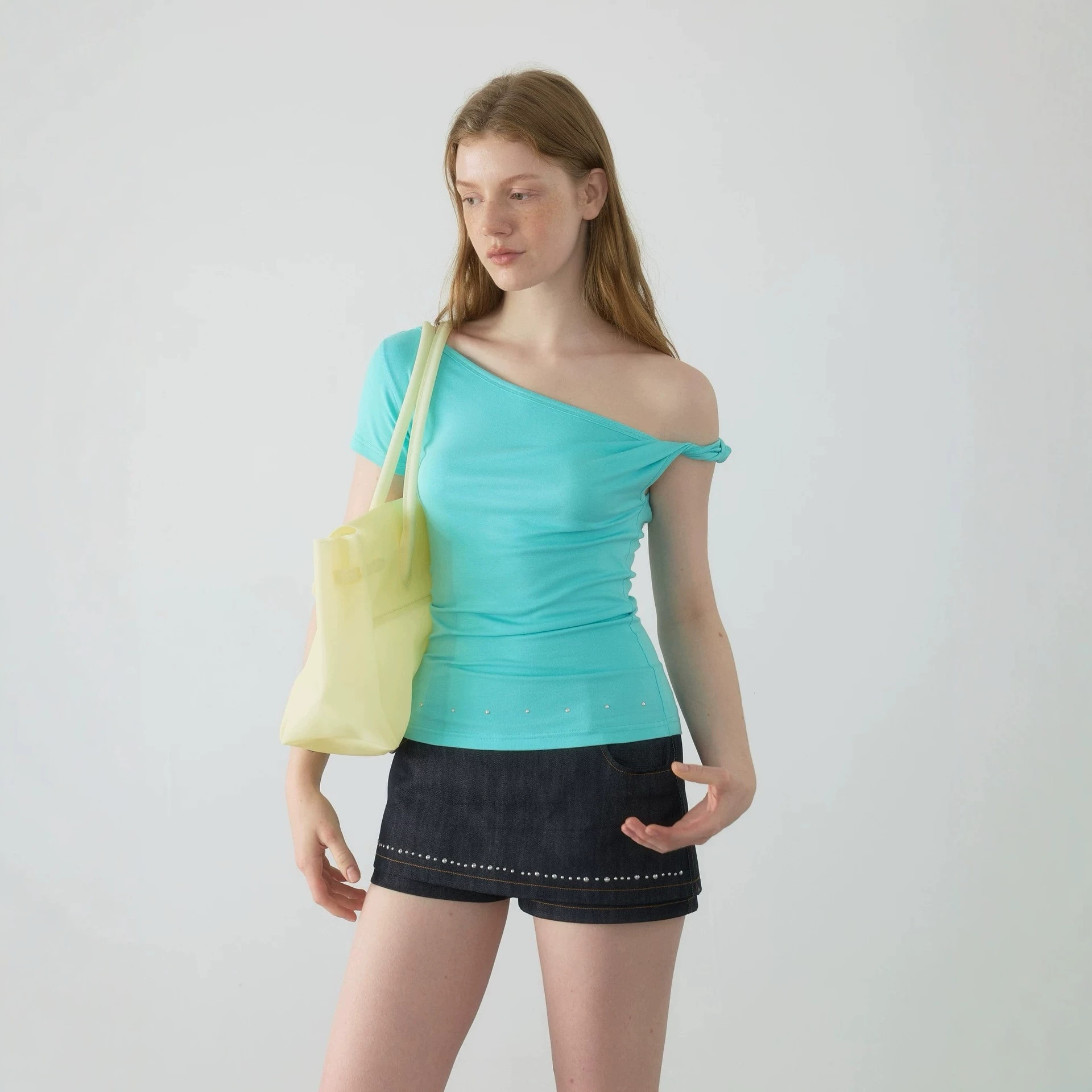 Y2K asymmetrical one-shoulder, ruffled hem, short-sleeved, striped patchwork, embellished with rhinestones, fitted, off-the-shoulder, trendy crop to