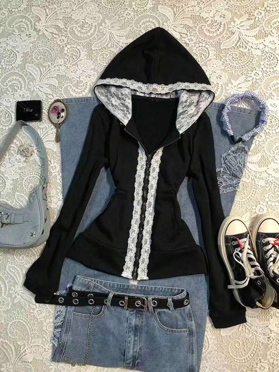 Fitted hooded sweatshirt with lace trim, zipper closure, slim silhouette, a cross-border European and American Y2K street-style retro women's f