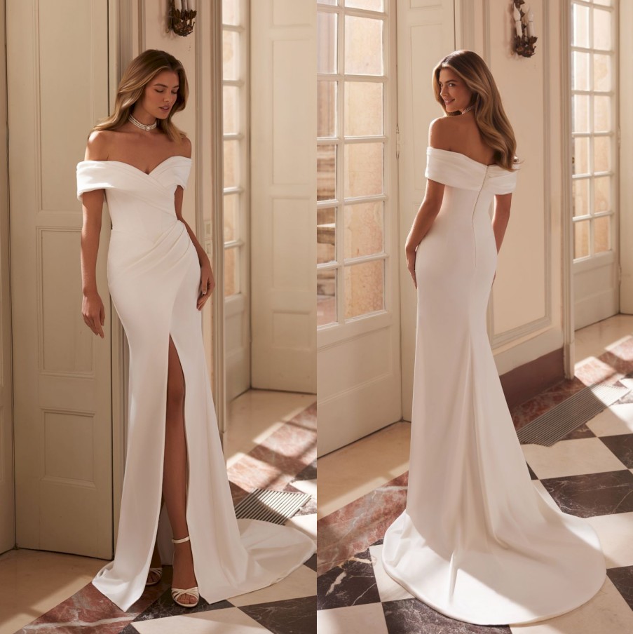 Simple Satin Off Shoulder Mermaid Wedding Dress For Bride Sexy High Slit Ruched Modern Minimalist Bridal Gown Sweep Train Elegant Robe De Mariee Cus