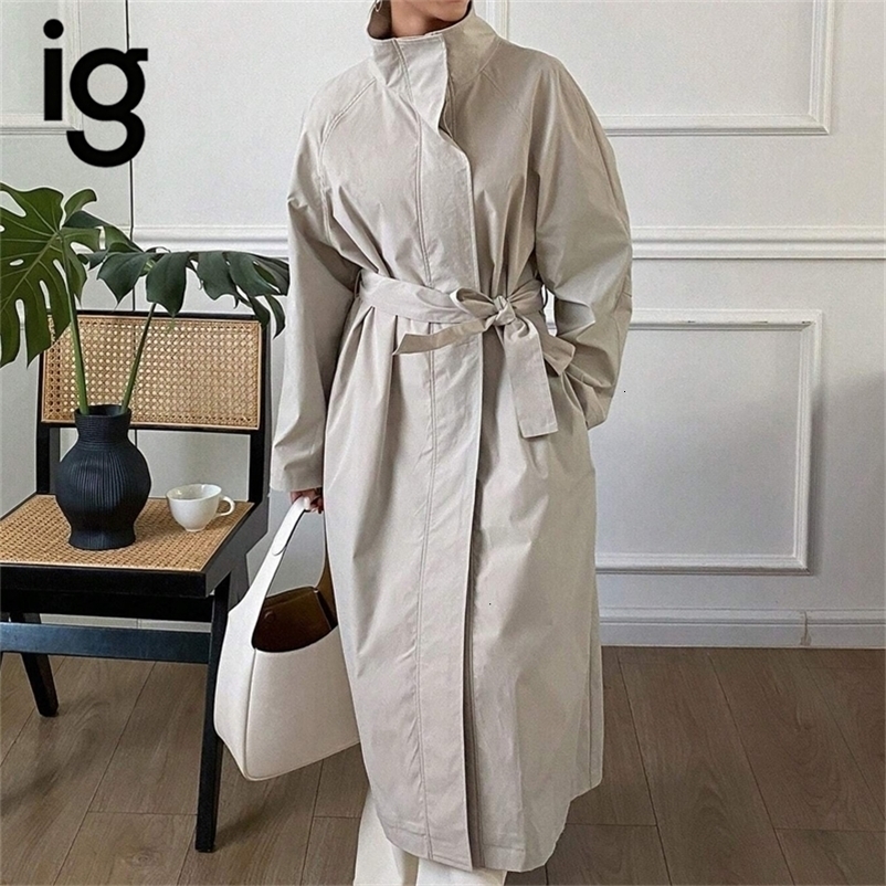 Women Stand Collar Long Trench Coat SelfBelt Waist Tie Loose Oversized Fit Button Closure Casual Outerwear For Spring Autumn 260917