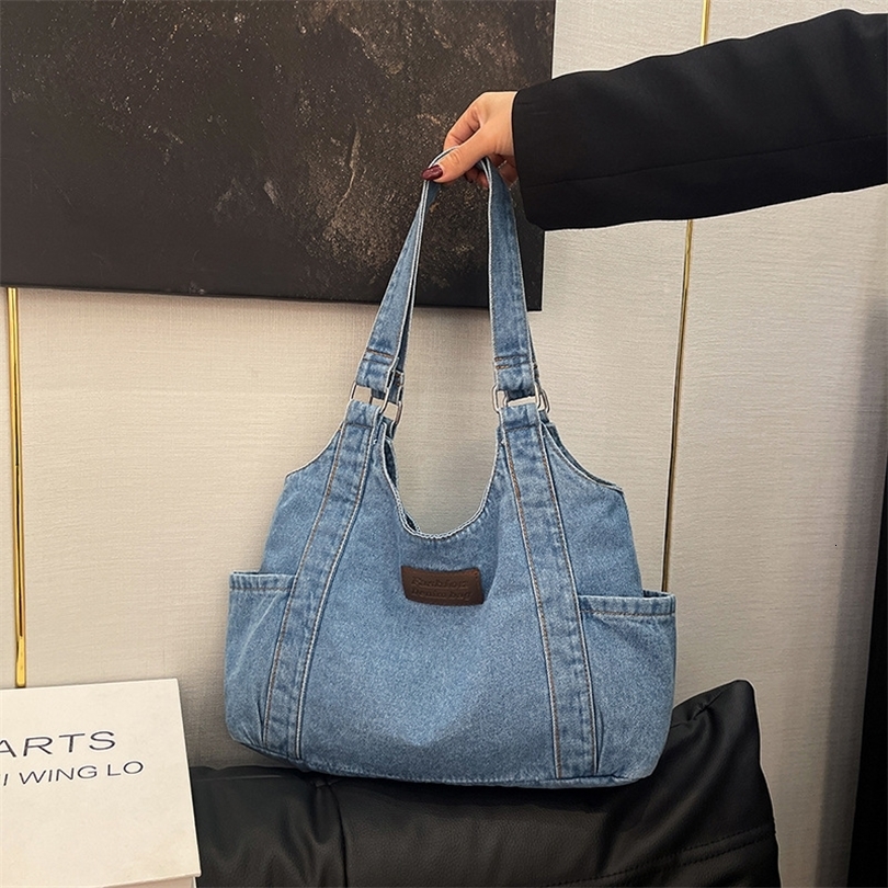 Casual Versatile Denim Vest Shoulder Bags for Women Large Capacity Ladies Shopping Tote Bag Thread n College Girls Handbags 260917