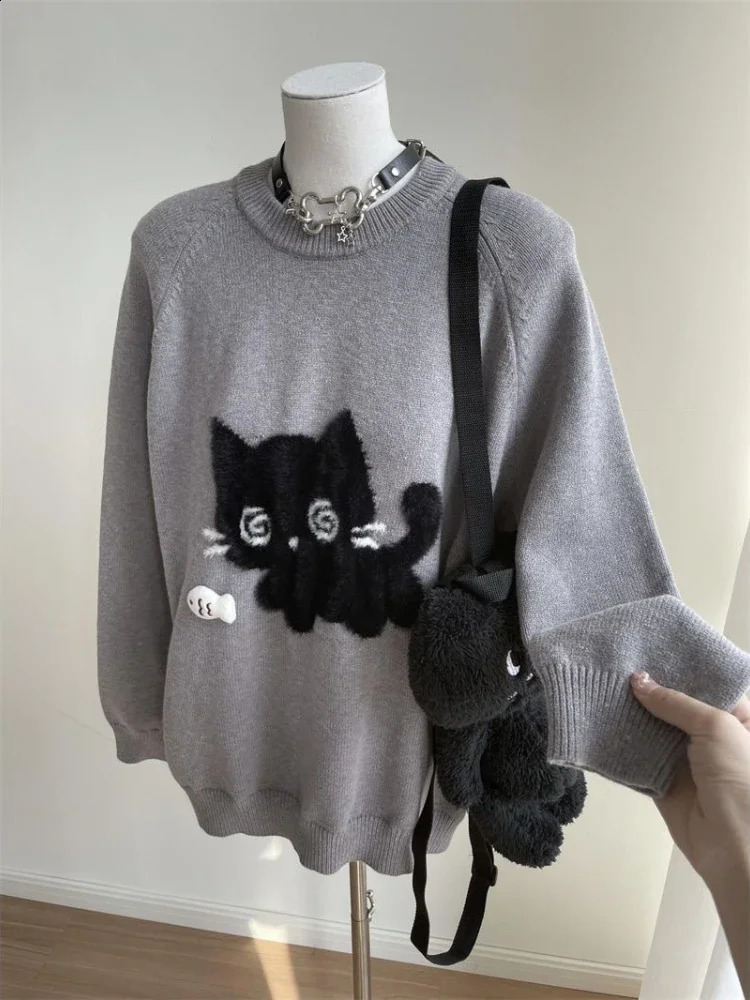 Gray Cute Cat O-neck Knit Elegant Pullover Woman Winter n Harajuku Tops Feamale Y2k Long Sleeve Retro Sweaters Mujer 260917