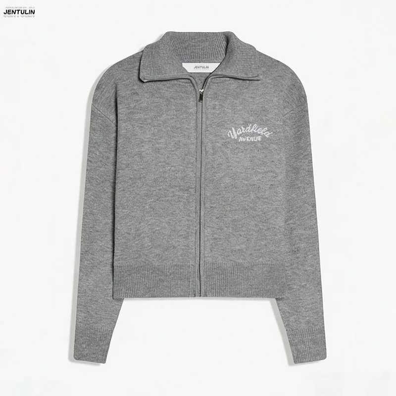 Retro Spliced Zipper Knitted Sweater Women Fashion Stand Collar Long Slve Loose Short Cardigan Lady Y2k Letter Knitwear Q260917
