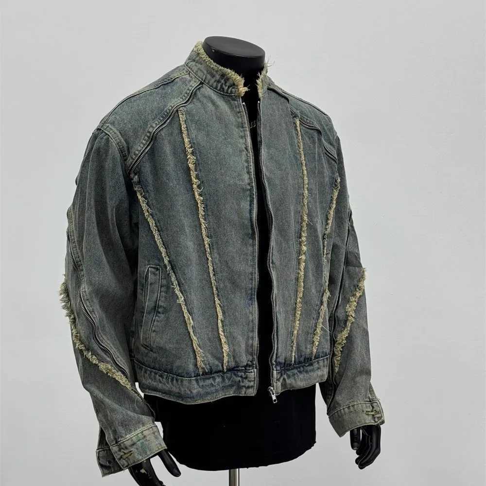 American retro denim jacket deconstructed breasted washing denim jacket men high strt Hip-hop fur edge splicing couple coat S260918254T