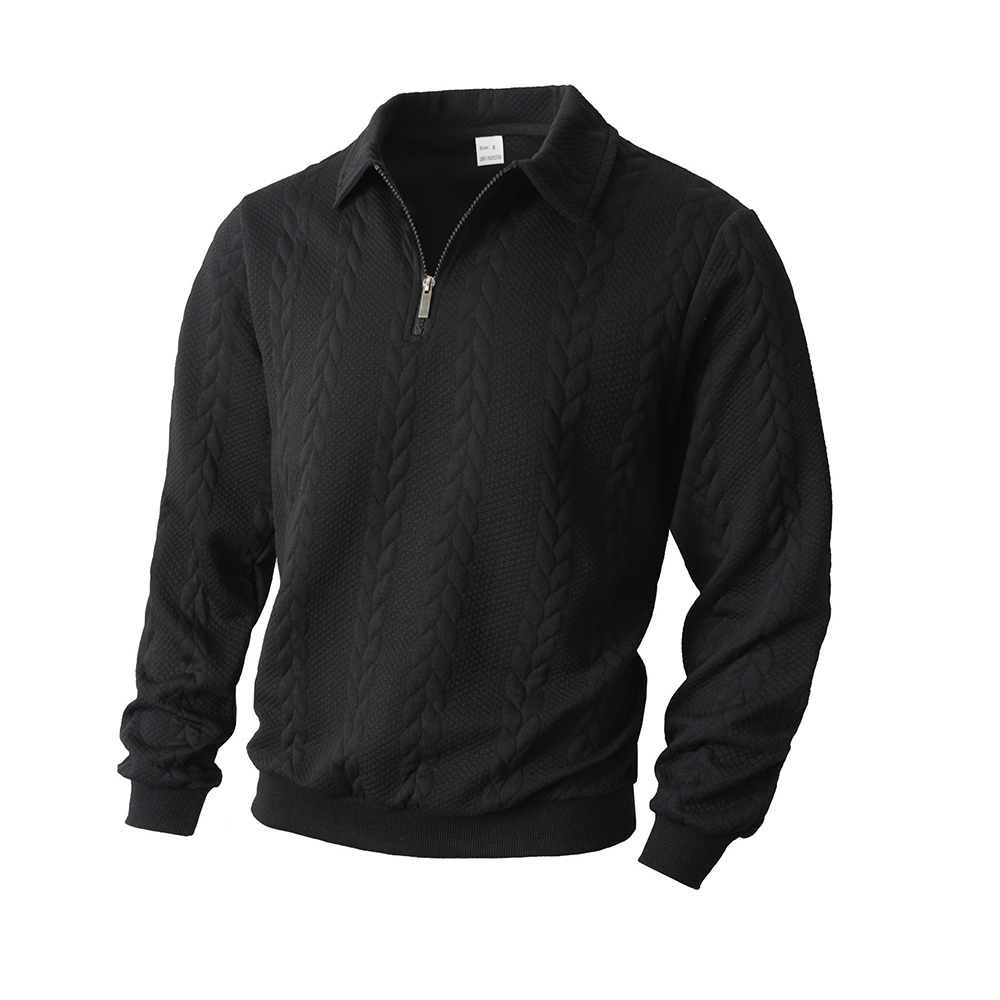 Casual Sportive Men's Sweater: Jacquard Texture Zip-Up Hoodie with Open Collar Design for Cool Seasons