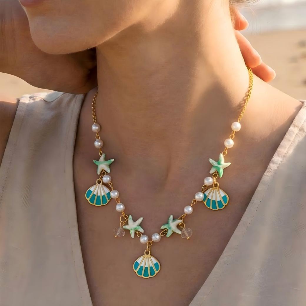 Yujin Stainless Steel Beach Starfish Shell Pearl Pendant Handmade Clavicle Necklace Factory Supply