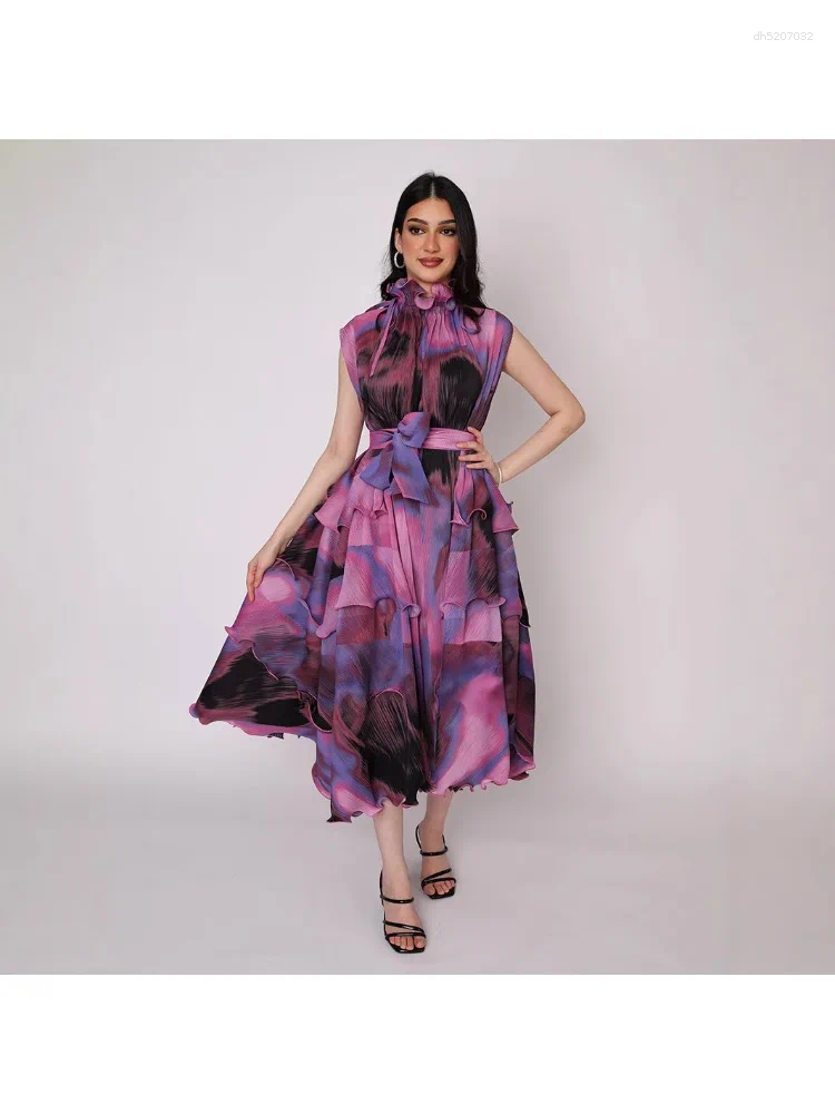 Elegant Women's Dress For Summer 2026 Irregular Pleated Lace Collar Gradient Blending Plus Size Up Maix