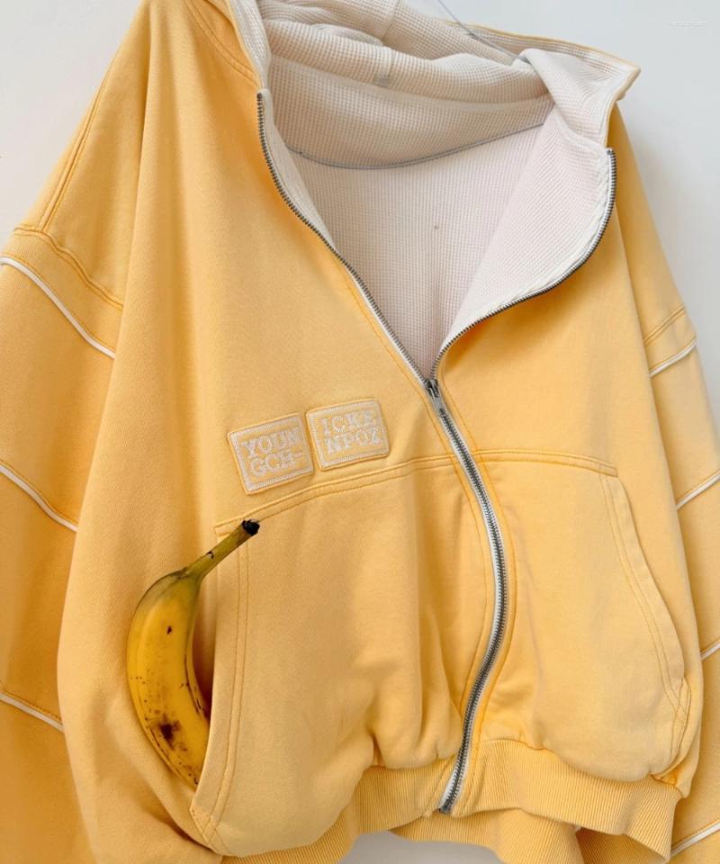 Retro Banana Hoodie Waffle Lining Wavy Zip Up Embroidery Sweatshirt American Trendy Yellow Streetwear Unisex Oversize Jacket