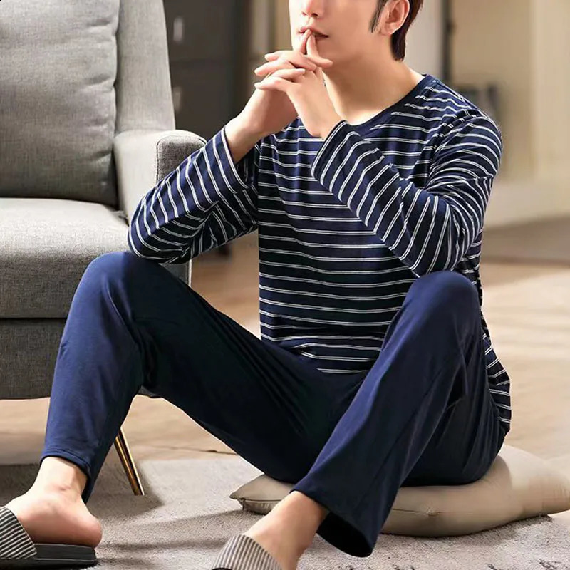 Men Pajamas Long-Sleeved Autumn and Winter Pajamas Student Homewear Teenagers Autumn Striped Pajamas Men Homewear Large Size Xl 260917