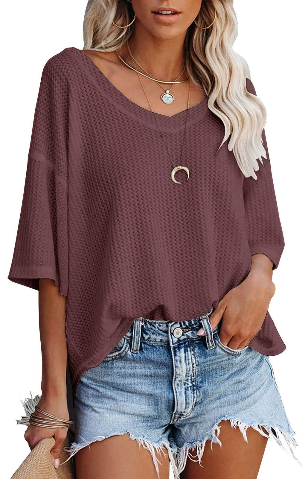 High quality 2026 Summer New V-Neck Bat Sleeve Waffle Knit Loose Solid Color Short Sleeve T-Shirt Women's Clothing