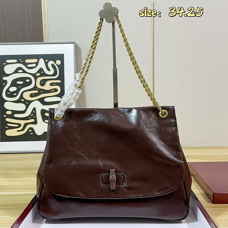 10A Designer Women's Retro Glossy Leather Chain Single Shoulder Bag Large Capacity Flap Tote Bag Elegant Retro Handbag