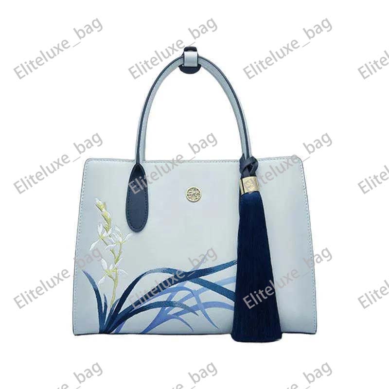 Luxury Blue Leather Embroidered Orchid Floral Tote Bag Oriental Cultural Elegant Lady Mirror Quality Designer Bags Purse Handbag size 30cm