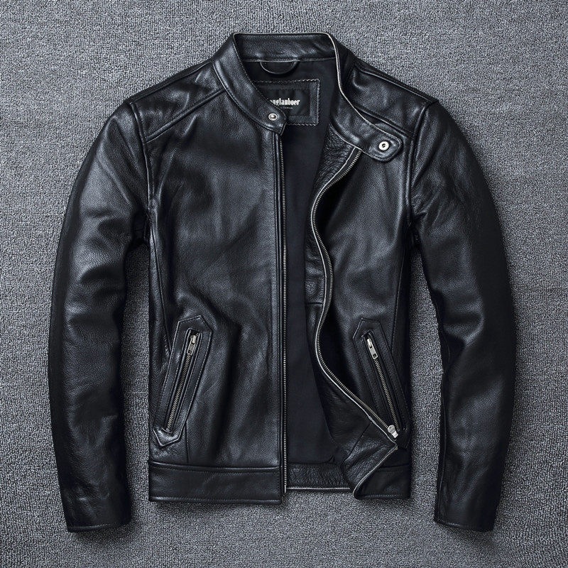 Top layer cowhide slim fit stand up collar biker genuine leather for men soft cowhide and style large size vintage