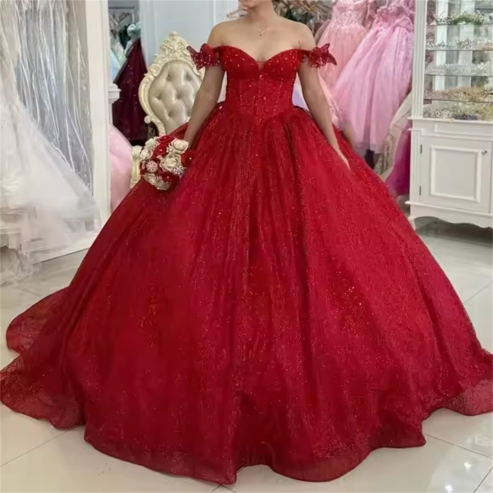 Ball Gown Quinceanera Dresses Red Glittering Princess Sequins XV Train Formal Plus Size Customized Sweet 15 16 Birthday Party Gowns Vestidos De 15 A