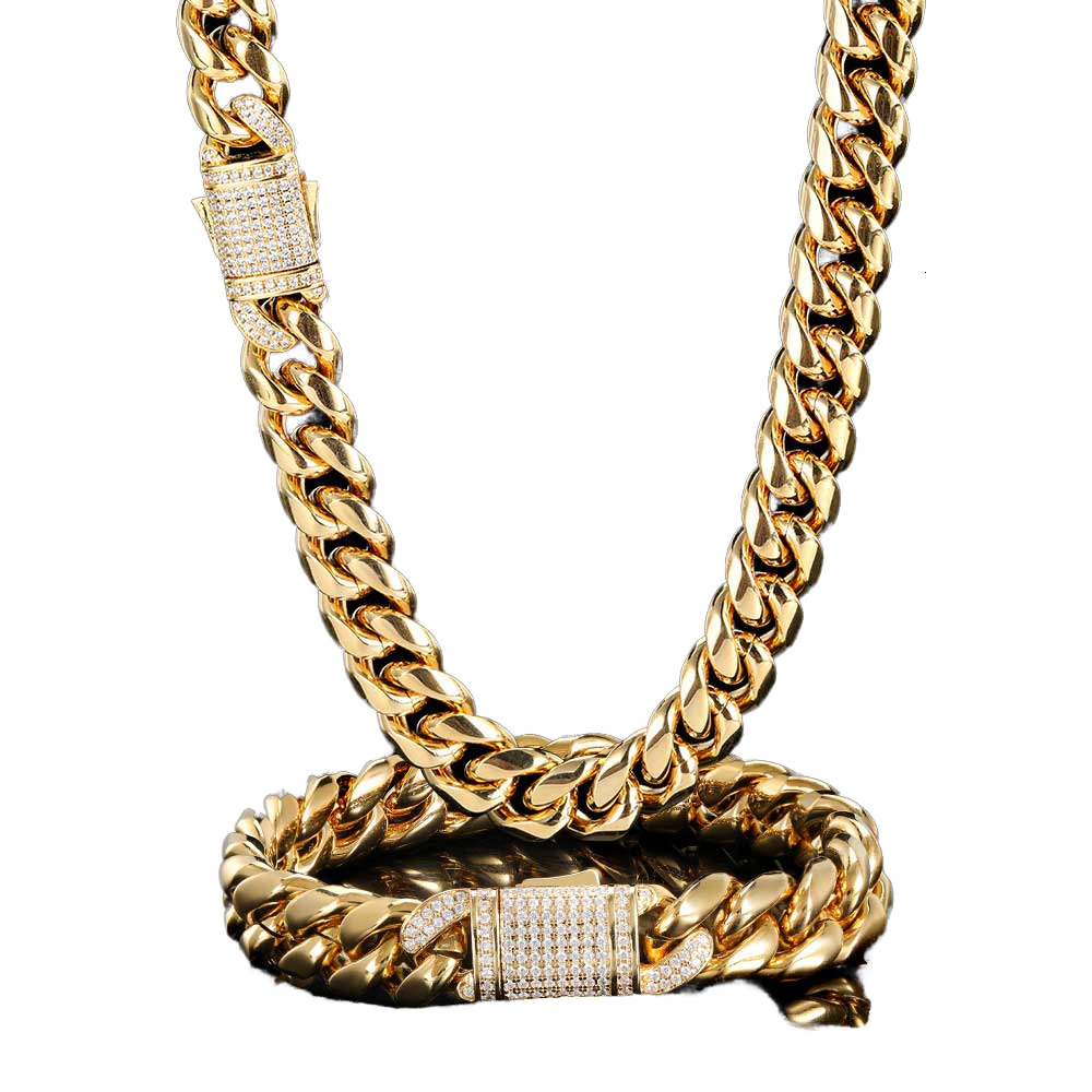 12mm Link Chain Necklace for Men HipHop Cuban Style 18k Gold Plated Stainless Steel Featuring Zircon Stones for Parties