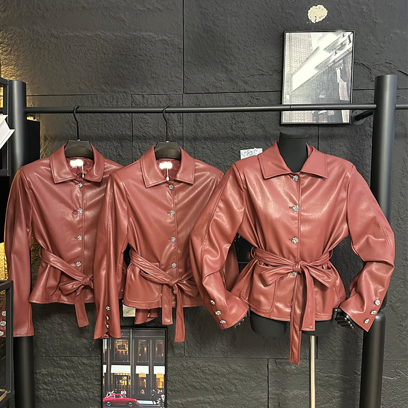 Designer Luxury brand Women Autumn Winter Lapel Leather Jacket Waist Tie Belt Custom Metal Buttons Contrast Back Collar Soft PU Leather Fashion Oute