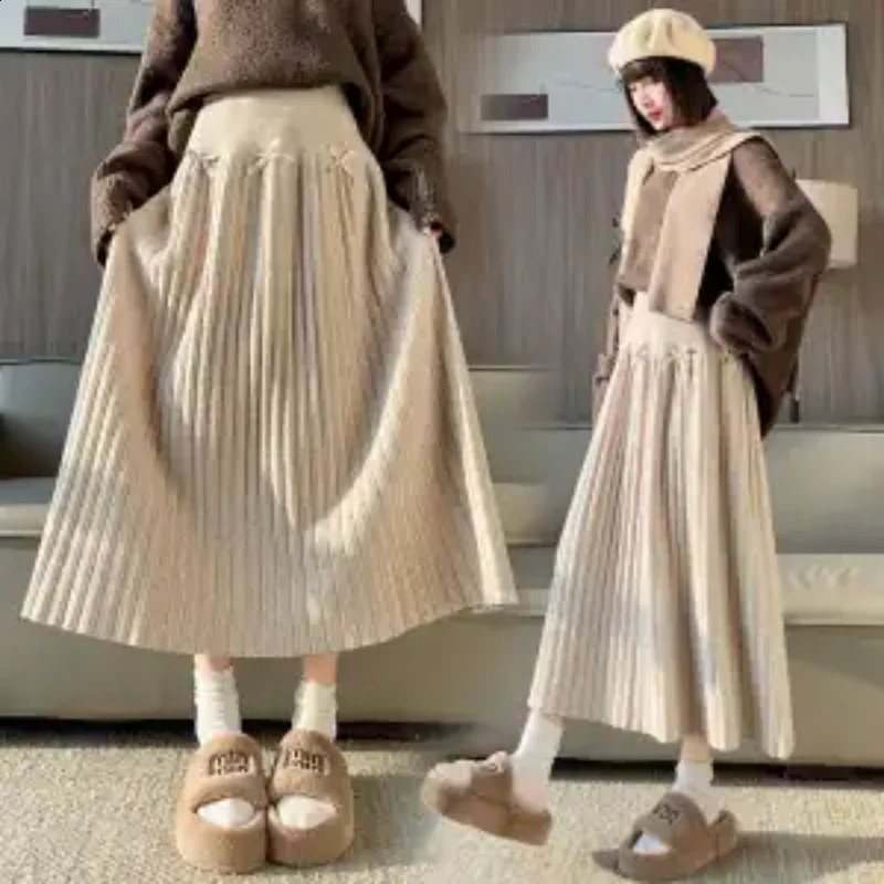 Women Korean Sweet Bow Decor Knit Midi Skirt High Waist Pleated Solid Color Casual A Line Skirt 260917