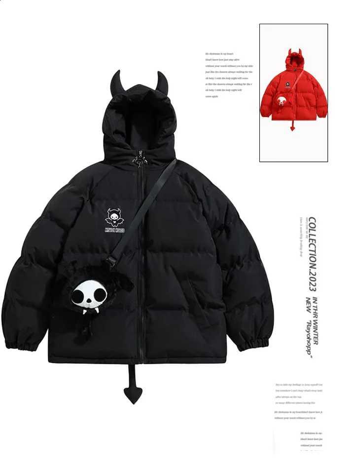 Women Black Gothic Thicken Parkas Jacket Hip Hop Devil Horns Wing Couple Hooded Padded Jacket Streetwear Emo Coat Winter Clothes H260917