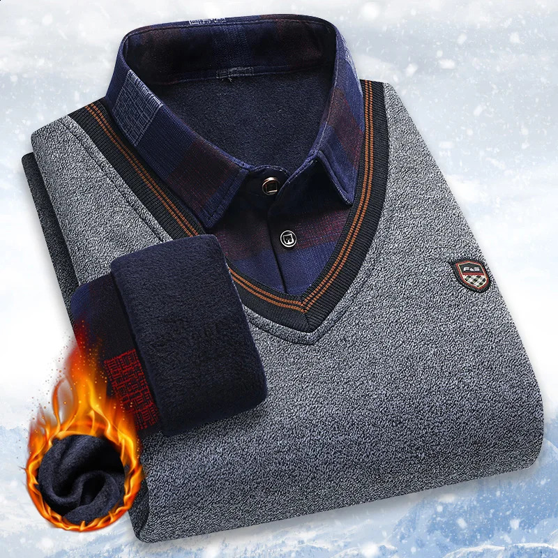 Vintage Plaid Sweater Pullover Men Thick Warm Knitwear Winter Autumn Clothing Patchwork Men's Fleeced Polo Collar Pullovers 260917