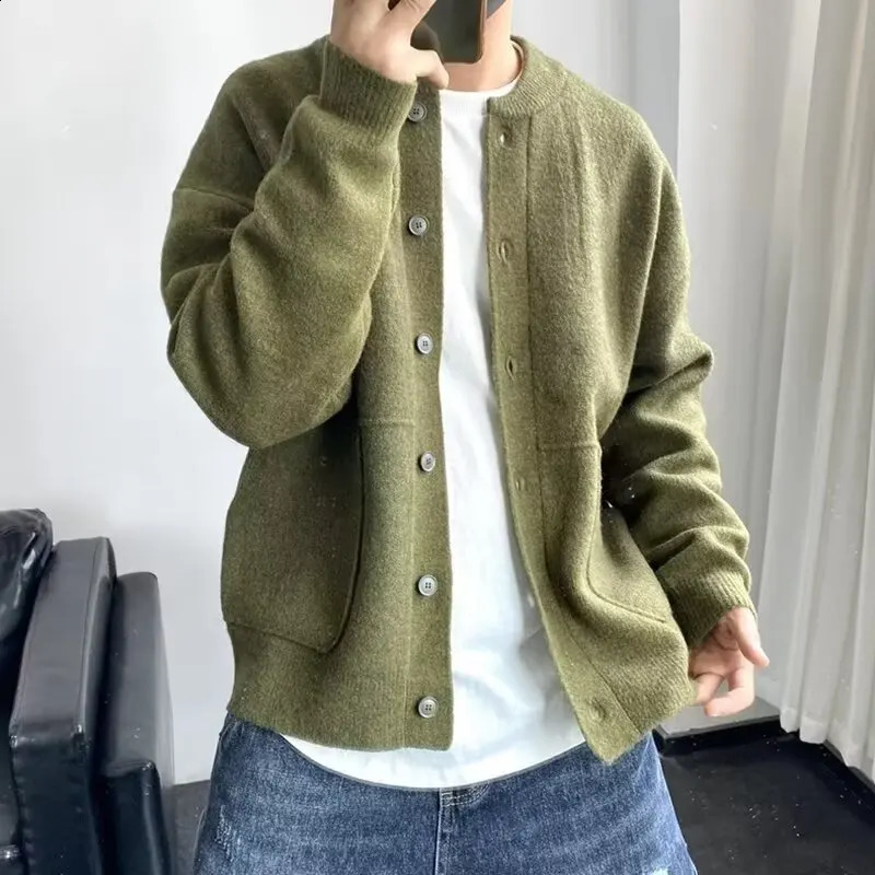 Thickened Knitted Cardigan Men's Autumn Winter Trendy Crew Neck Sweater korean Pure Color Simple n Cool Youth 260916