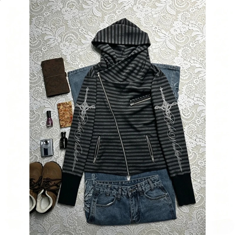 Y2k Subculture Vintage Striped Hoodie Niche Irregular Zipper Patchwork Women Streetwear American Retro Sweatshirt Autumn Winter 260917