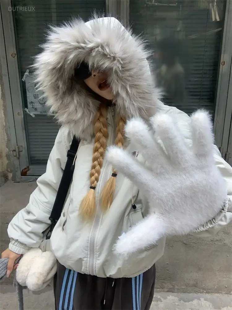 Detachable Fur Collar Hooded Casual Jackets Y2k Aesthetic Streetwear Punk Grunge Clothes Women Autumn Winter Loose Warm Parkas H260917