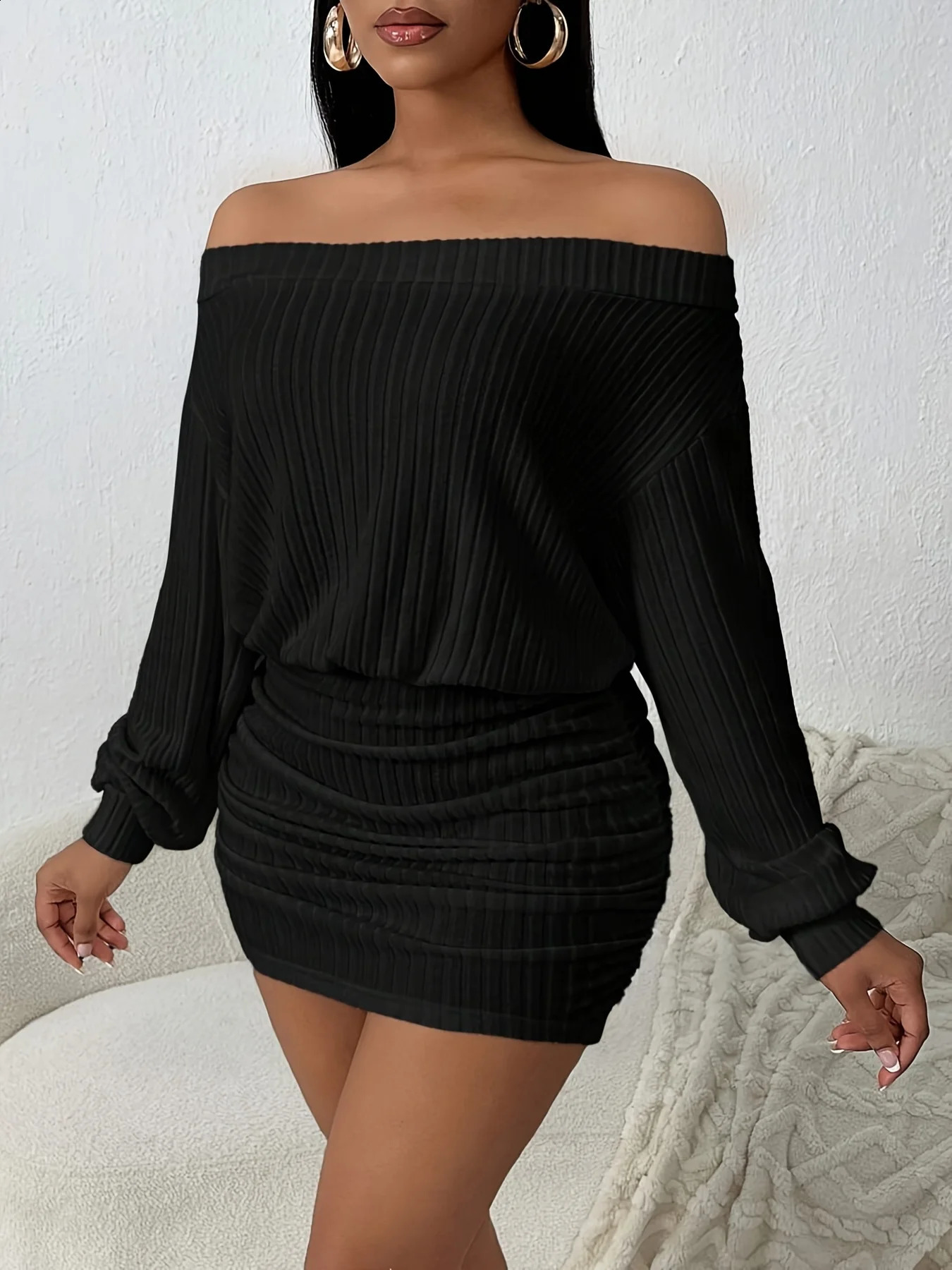 One-Shoulder Puffy Solid Color Casual Multi-Functional Long-Sleeved Knitted Dress 260917