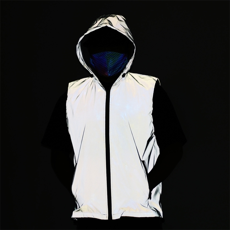 Spring Autumn Men Women Colorful Reflective Sleeveless Jackets Y2K Harajuku Hooded Zipper Vest 260917