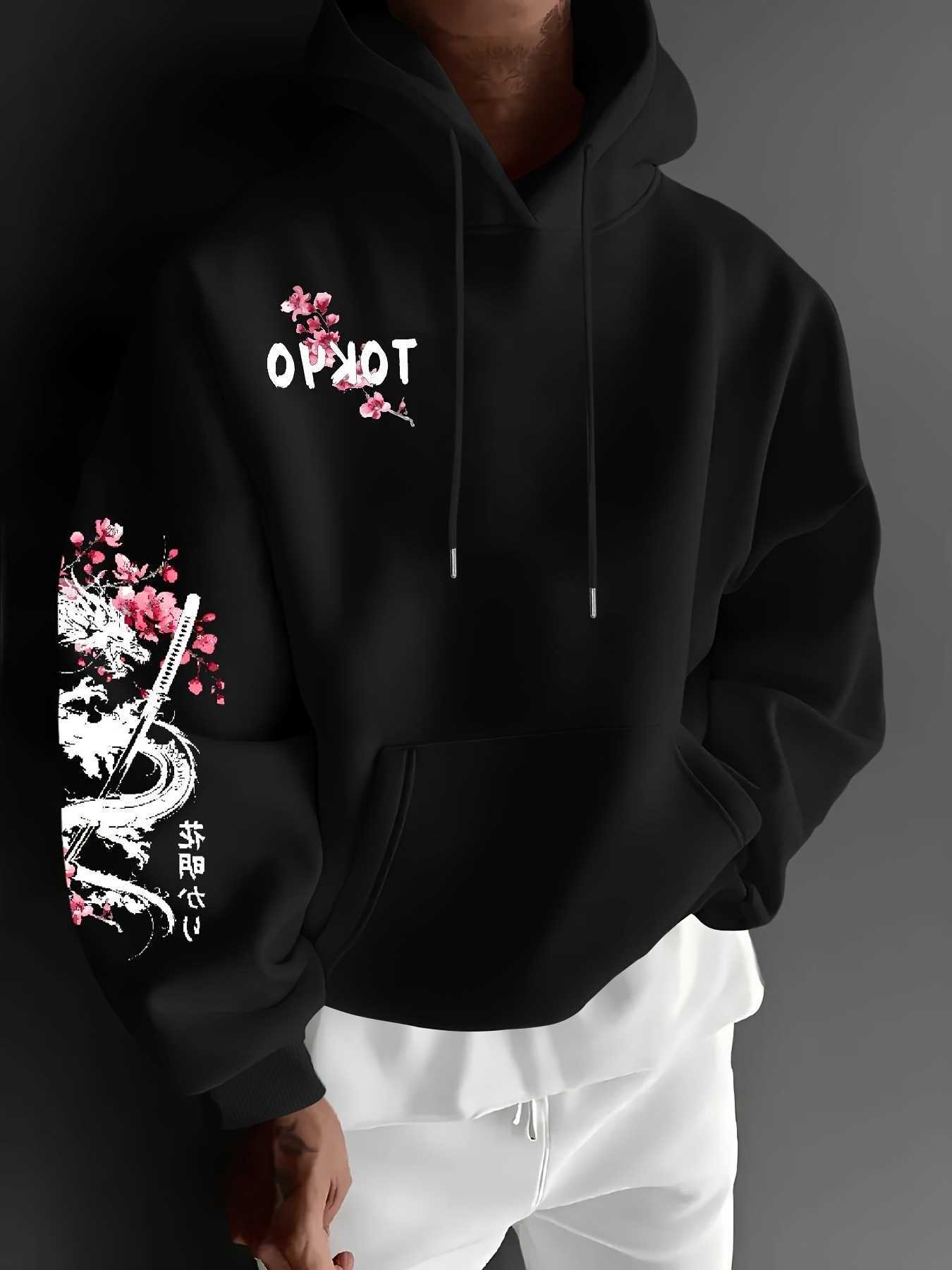 Men's New Christmas Anime hoodie Dragon Cherry Blossom Printed Hooded Sweatshirt Winter Fleece Warm Casual Street Comfort Inspired Design Hoodi