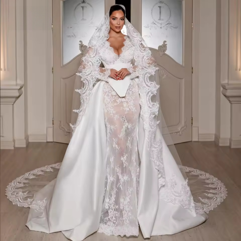 Luxury 3 In 1 V-Neck Mermaid Wedding Dresses Beauty Lace Full Sleeves Trumpet Bridal Gowns