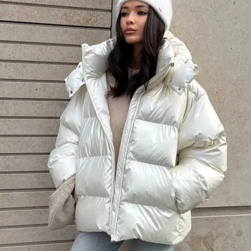 Casual Women's Glossy Hooded Cotton Coats Puffy Stand Collar Zipper Long Sleeve Warm Jackets 2026 Winter Lady Down Jacket New H260917