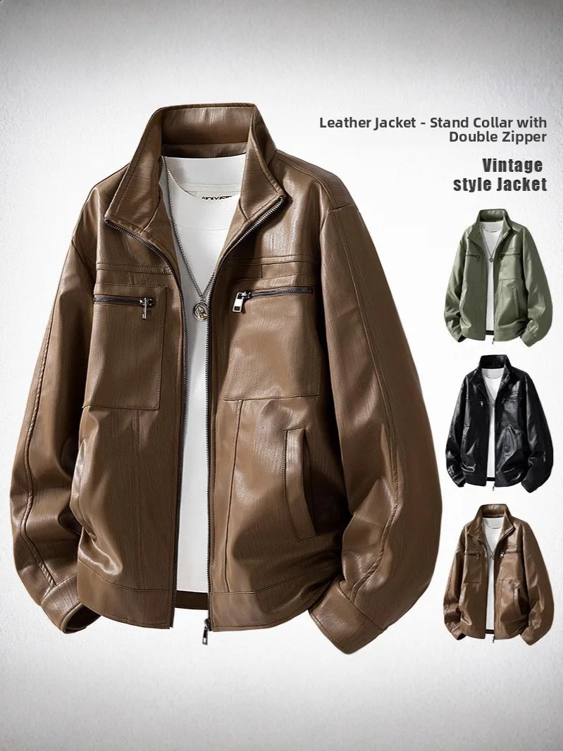 Retro American Style Men's Jacket Trendy Stand Collar Leather Coat Spring Autumn Casual Wear for Teenagers And Adults 260917