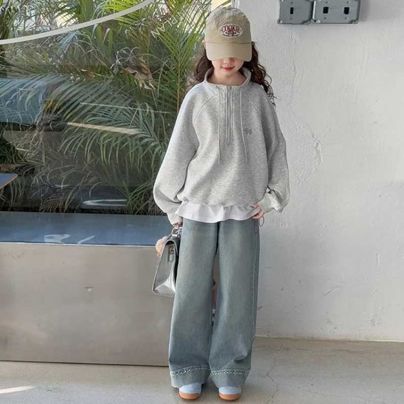 Korean New Spring/Autumn Girls' 2025 Sle Middle/Big Kids Slish Zipper Crewneck SweatshirtW260917