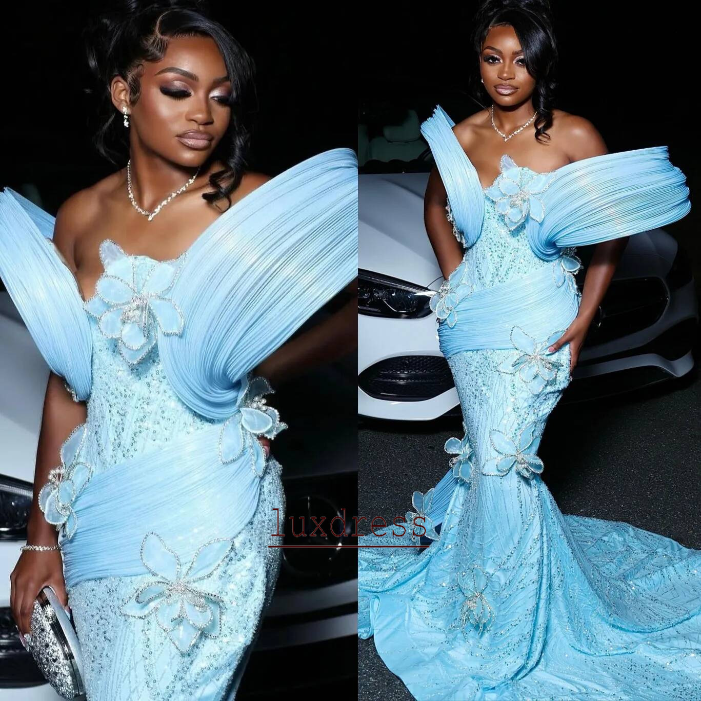 Aso Ebi Sky Blue Mermaid Prom Dress Flowers Crystals Pearls Stylish Evening Gowns For Black Women Birthday Party Formal Reception Dresses