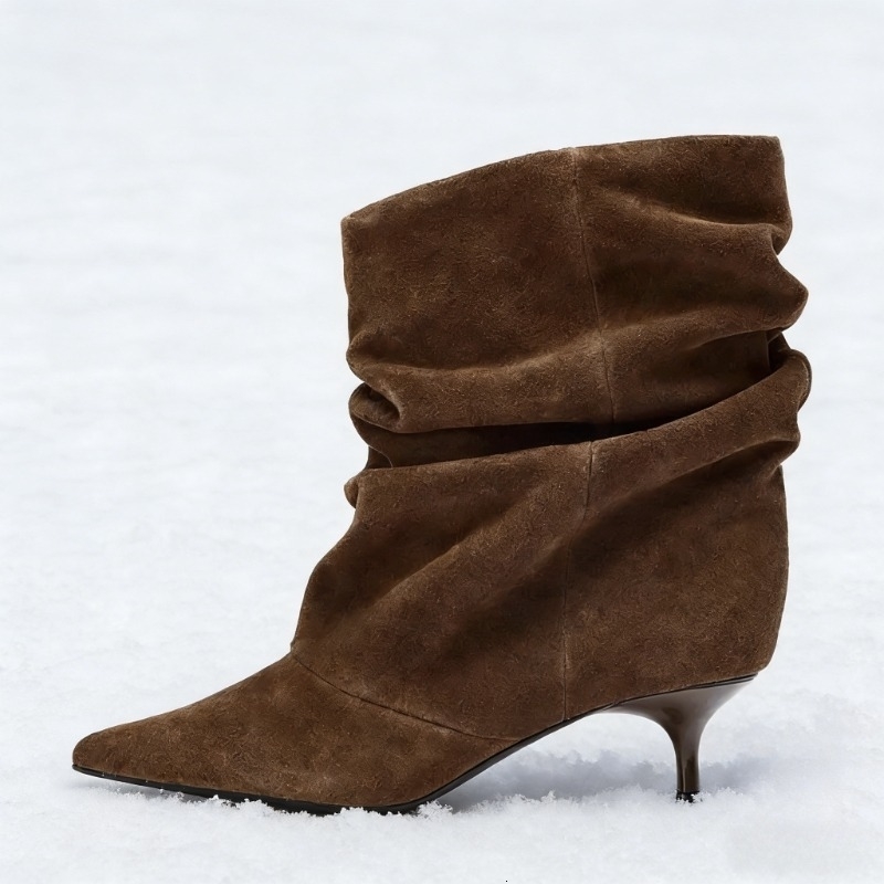 Suede Winter Women High Boots Pointed-Toe Pleated Short Boots Female Brown Retro Elegant er Ankle Boots Bottes Femmes 260917