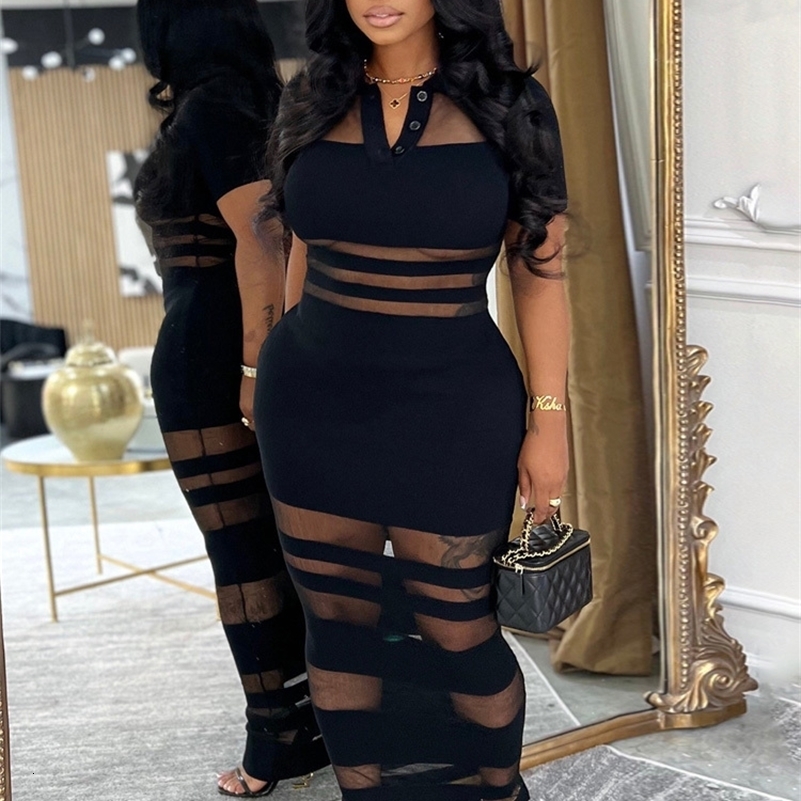 Beyprern Womens SeeThrough Striped Sheer Polo Maxi Dress Sexy TurnDown Collars Caged Party Dresses Night Out Vestido Clubwear 260826