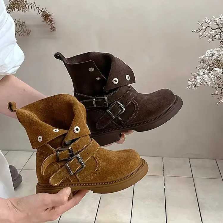 Girls Belt Buckle Design Motorcycle Boots 2025 Spring and Autumn New British Style Thick Heel Lightweight Midsole Boots. X260917