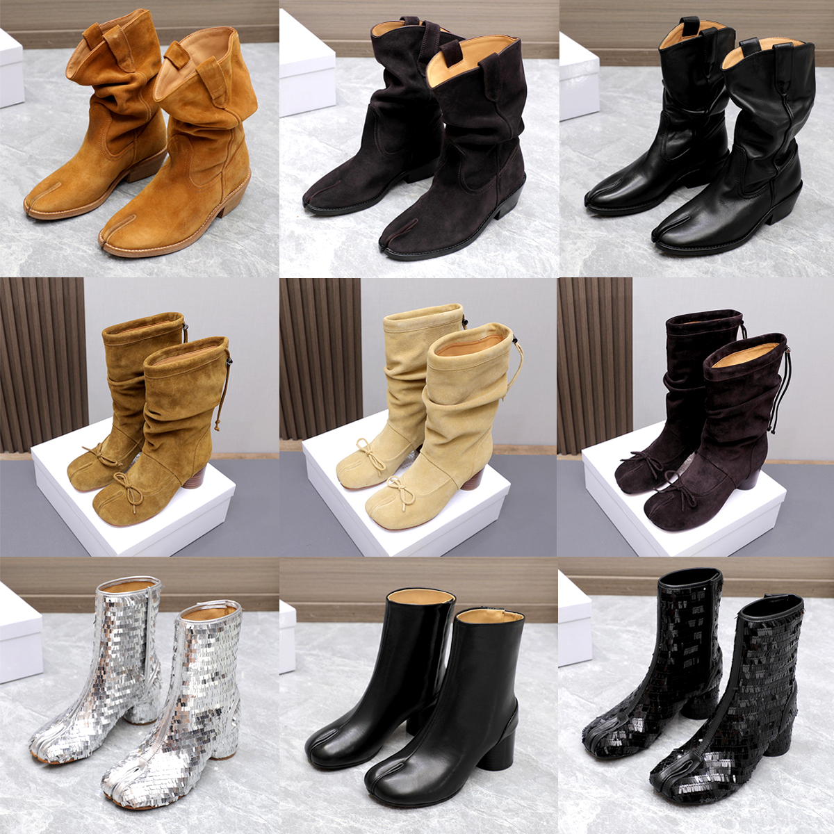 High quality Womens Ruched Mid Calf Boots Split Toe Bow Block Heel dress shoe Rain tabi boots brown luxury Designer vintage Slip On Outdoor Leather