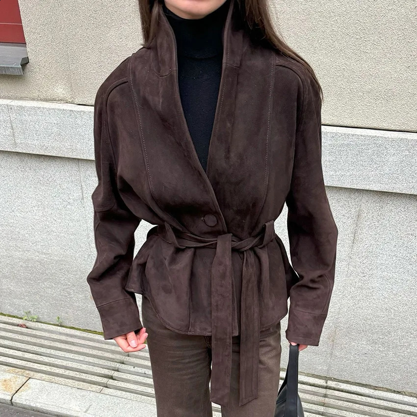 Maillard Retro Faux Suede Coat Autumn Winter Women's Elegant Fashion Slim Fit Tie Waist Casual Lapel Workwear Jacket 260917