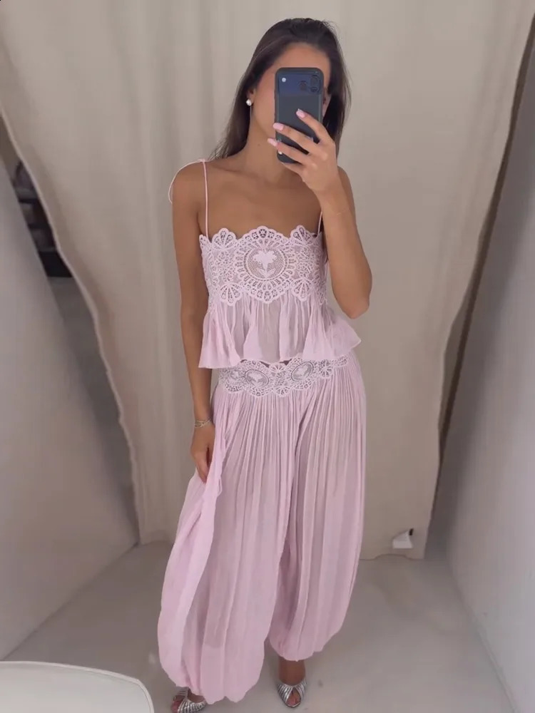See Through Lace Vest Pant Set Women Beach Sling Tops Pleated Straight Pants 2026 Summer Vacation Hollow Out Lady Suits 260918