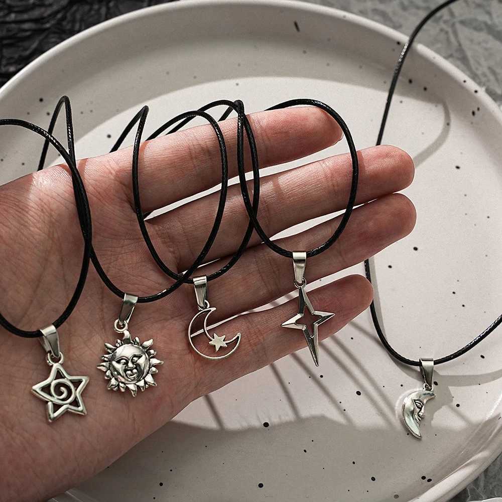 Y2K Punk Star Moon Sun Metal Pendant Necklace Unisex Hip-Hop Personality Trend Pendant Simple Wax Rope Necklace Jewelry Q260916