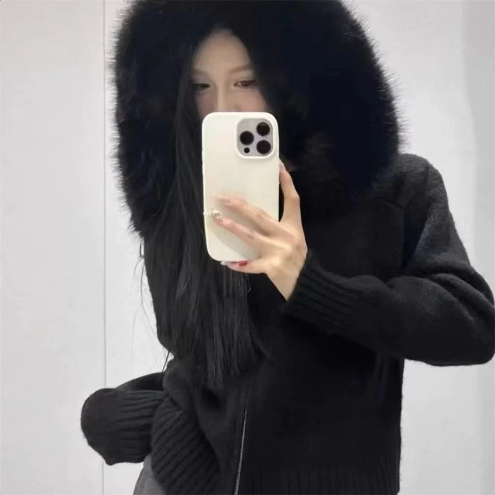 2026 Women Oversized Cardigan Clothes Korean Autumn and Winter Casual Hooded Fur Collar Fashion Knitted Sweater Fur Jacket 260917