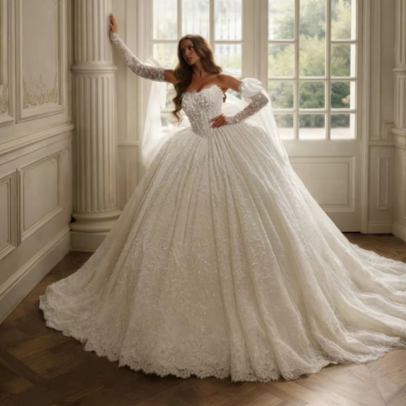 Shiny Lace Strapless Ball Gown Wedding Dresses Beaded Lace With Bow Sleeves Luxury Puffy Bridal Gowns