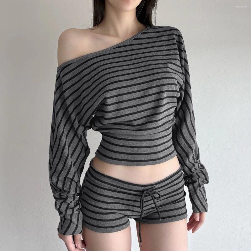 Striped Off-shoulder Long Sleeve T-shirts Black Grey Drawstring Low-rise Shorts Korean Style Women Casual Top Pants Set