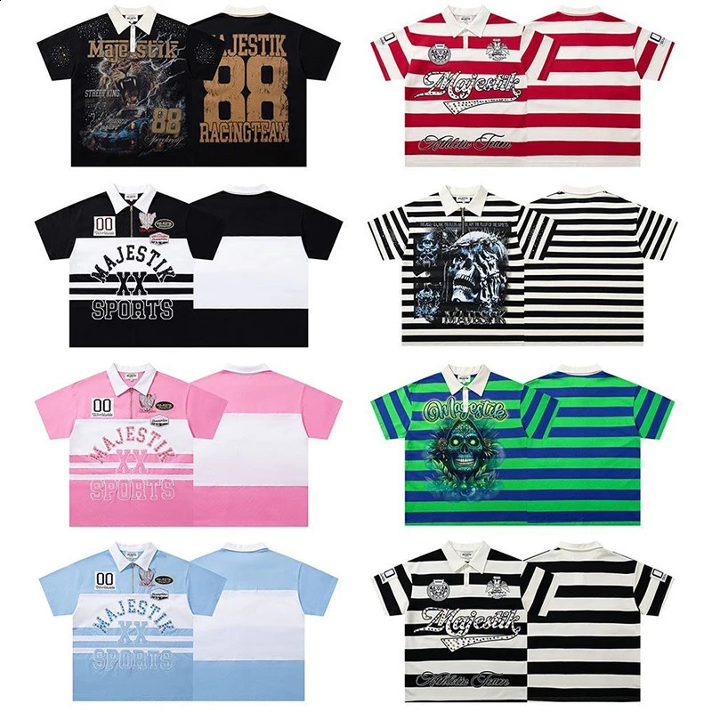 Street Color Match Striped MAJESTIK Polo Shirts for Men Shinning Diamond High Quality Summer T-shirts Oversized 260917
