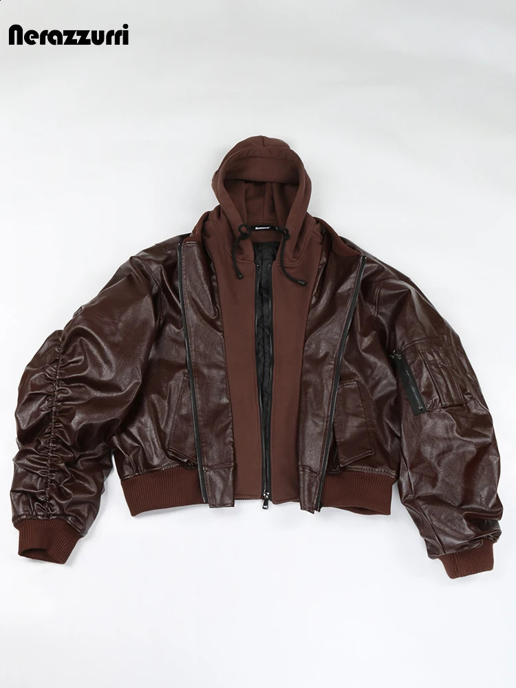 Nerazzurri Autumn Winter Cool Handsome Oversized Brown Thickened Warm Leather Jacket Men with Hood 2 Piece European Clothes 260918